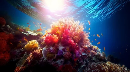 Fototapeten View from below of a beautiful colorful coral reef with a water column through which sunlight breaks through. Colorful Tropical coral reef and fish in the Sea.  Pink coral reef in the deep blue ocean. © Valua Vitaly