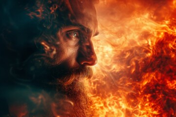 A powerful portrait of Elijah in the moment of calling down fire from heaven, with intense eyes and a dynamic sky backdrop. - obrazy, fototapety, plakaty