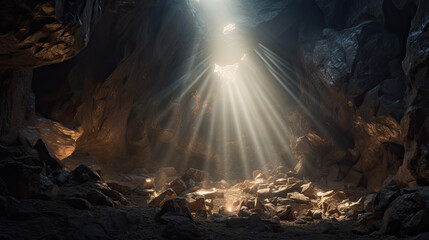 Rays of light at the end of a long dark cold cave tunnel. Concept of hope