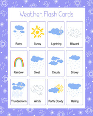Weather flash cards topical vocabulary learning printable, educational English worksheet for kids, nursery, kindergarten, pre-school, leisure activity game, teacher resources, flat vector illustration
