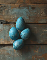 Minimal blue color easter decorative concept, painted quail eggs muted color style, vintage home made wooden details. Festive atmosphere.