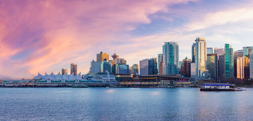 Downtown Vancouver Urban Building Skyline. Sunset Sky.