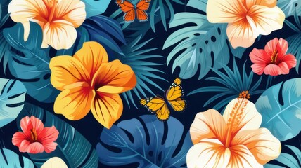 Seamless pattern with tropical flowers, leaves and butterflies. Vector illustration