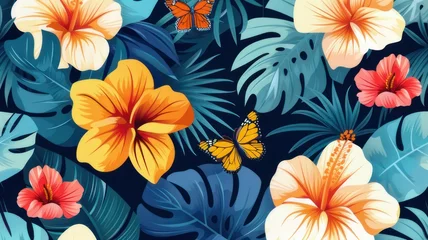 Crédence de cuisine en verre imprimé Papillons en grunge Seamless pattern with tropical flowers, leaves and butterflies. Vector illustration