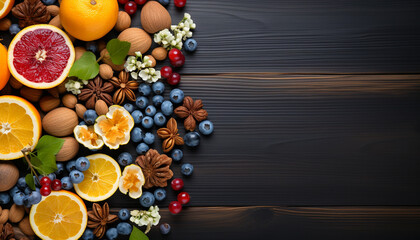 Fresh fruit on wooden table, nature healthy dessert decoration generated by AI