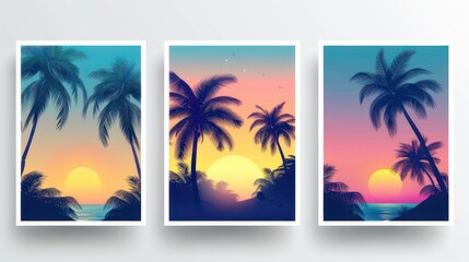 Summer tropical backgrounds set with palms, sky and sunset. Summer placard poster flyer invitation card. Summertime - obrazy, fototapety, plakaty