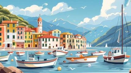 Sunny summer day in Liguria with boats and fishing village in the foreground, sea and mountains in the background. Handmade drawing vector. All objects are grupped into separate layers - obrazy, fototapety, plakaty