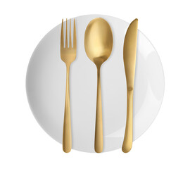 Clean plate, fork, knife and spoon on white background, top view