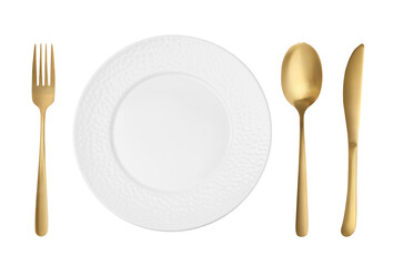 Clean plate, fork, knife and spoon on white background, top view