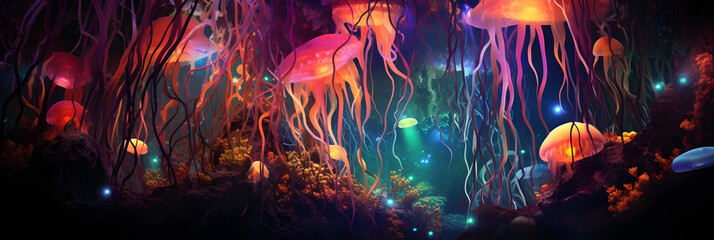 Surreal Translucence: Luminescent Jellyfish amidst Vibrant FZ Underwater Species in their...