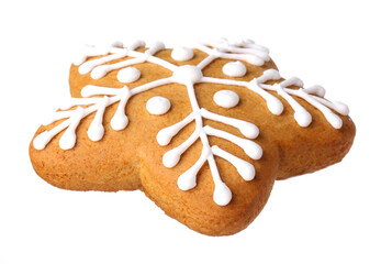 Tasty star shaped Christmas cookie with icing isolated on white