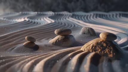 An 8k realistic image capturing the essence of a Zen garden, focusing on minimalist aesthetics with raked sand patterns and a few strategically placed rocks.  - obrazy, fototapety, plakaty