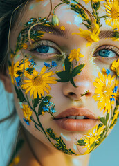 Floral moody, vintage concept of fresh flowers on the face and body of a young beautiful attractive woman. Abstract romantic Spring portrait.