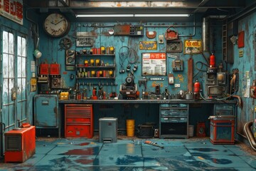 A cozy indoor cabinetry room with a striking blue wall and a variety of tools neatly arranged on shelves and furniture, with a clock ticking away on the floor - obrazy, fototapety, plakaty