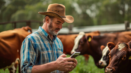 Image of a farmer using technology on his farm