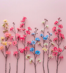 Flat lay spring background of freshly picked field fragrant flowers. Colorful love concept copy space from herbarium, collection of dried plant specimens on canvas. Nature is waking up.