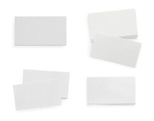 Many blank business cards isolated on white, top view