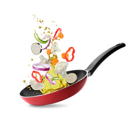 Different vegetables, oil, frying pan in air on white background