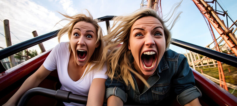 two scary terrified people on roller coaster