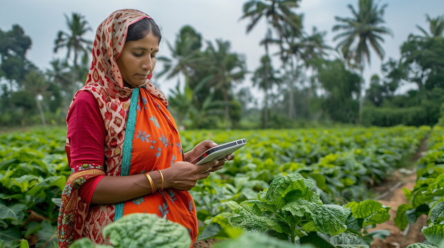 Image of a farmer using technology on her farm