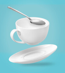 Spoon, cup and saucer falling on light blue background