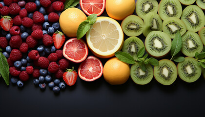 Fresh, healthy fruit collection orange, strawberry, raspberry, lime, blueberry, kiwi generated by AI