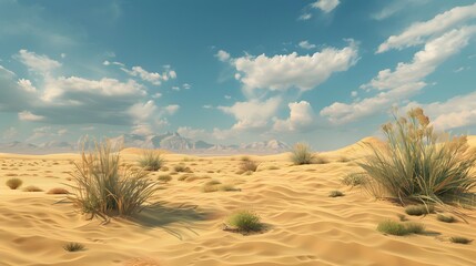 An 8k ultra-realistic image showcasing a minimalist desert landscape under a vast sky. The composition focuses on the subtle textures and colors of the sand, with a few sparse desert plants  - obrazy, fototapety, plakaty