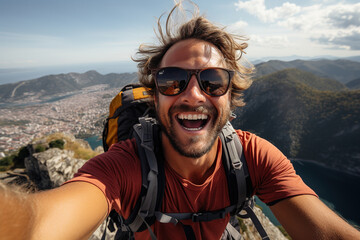 Happy man with backpack and sunglasses taking selfie picture on top of the mountain Cheerful hiker climbing the cliff outdoors. Travel blogger - obrazy, fototapety, plakaty