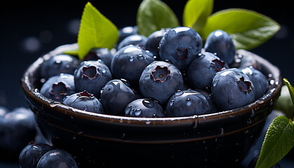 Fresh blueberries, ripe and juicy, on a rustic wooden plate generated by AI