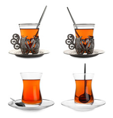 Traditional Turkish tea in glasses isolated on white, set