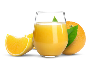 Fresh orange juice in glass and juicy citrus fruits isolated on white