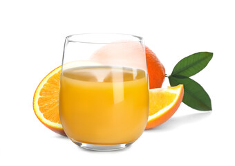 Fresh orange juice in glass and juicy citrus fruits isolated on white