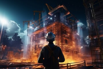 Fototapeta premium Virtual reality architectural 3d construction model with vr headset for precise design and testing