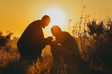 A tranquil scene of the Good Samaritan helping the injured man by the roadside, emphasizing compassion and brotherhood under a setting sun. - obrazy, fototapety, plakaty