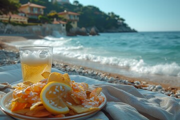 A refreshing combination of crispy chips and tangy lemons, accompanied by a cool drink and the soothing sounds of crashing waves on a sandy beach under the clear blue sky