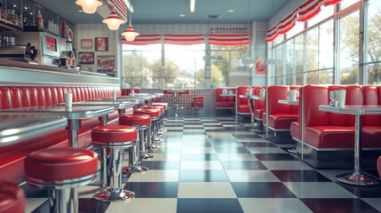 A retro-style diner with red vinyl booths, checkered floors, and chrome finishes on the stools and...