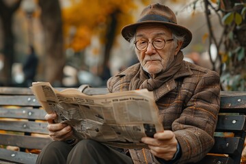 An elderly man in a sun hat and stylish clothing sits on a park bench, engrossed in the text of his newspaper, soaking up the warmth of the sun and the peacefulness of the street - obrazy, fototapety, plakaty