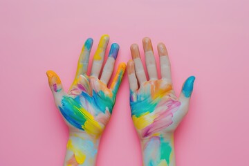 Child hands painted in colorful paints