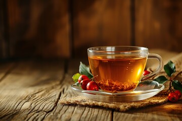 Glass with rose hip tea on wooden background