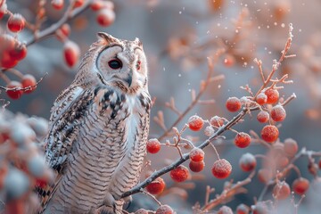 A majestic owl braves the cold winter, perched upon a twig, surrounded by luscious berries, showcasing its wild and free spirit in the great outdoors