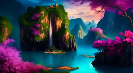 Schilderijen op glas tropical island in the ocean, fantasy landscape, quiet paradise, fantastic world, dreamlike waterfall, wallpaper for Cell Phone, Smartphone, Cellphone, Computer and Tablet, Wall Art for Home Decor © YOAQ