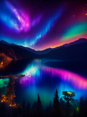 Fototapeta premium fantasy landscape with aurora, quiet paradise, fantastic world, mystery lake, wallpaper for Cell Phone, Smartphone, Cellphone, Computer and Tablet, Wall Art for Home Decor