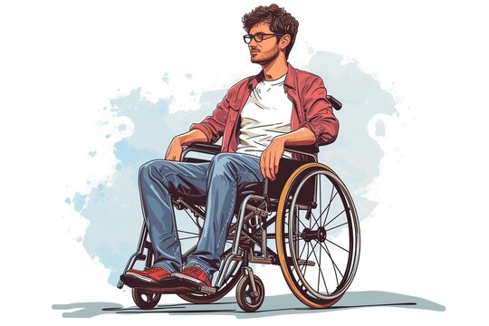 Illustration of disabled young man in wheelchair on white background