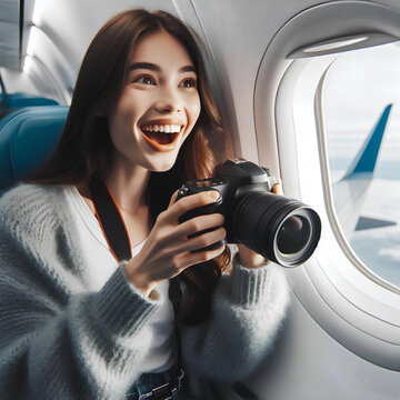 Excited female passenger traveler taking pictures at the window of the plane