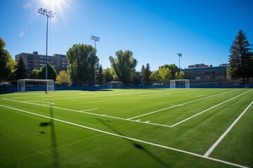 Artificial turf soccer field with goal, lush green grass for recreational and competitive play