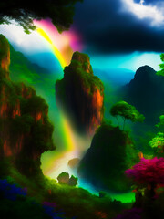 rainbow over tropical island in the ocean, fantasy landscape, quiet paradise, fantastic world, wallpaper for Cell Phone, Smartphone, Cellphone, Computer and Tablet, Wall art for home decor