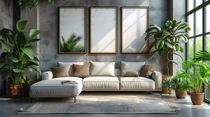 Interior of modern living room with gray walls, concrete floor, gray sofa and green plants. 3d render. 