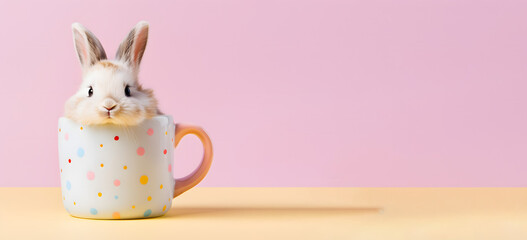 Cute little bunny in a polka dot pastel coffee cup on a pink background. cute pastel colored photo of an easter bunny in a cup with copy space