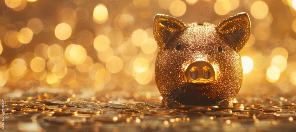Poster golden piggy bank on blurred defocused background with copy space for text placement