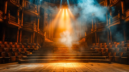 Empty theater stage with wooden floor, smoke and spotlights. Night scene.  - obrazy, fototapety, plakaty